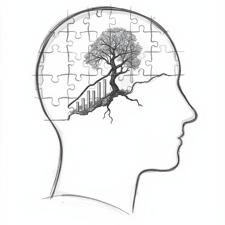 Kopfprofil mit einem Baum und einer Treppe im inneren Puzzle-Motiv.