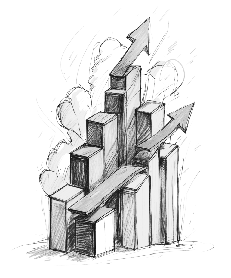 Grafik mit aufsteigenden Säulen und Pfeilen, die Wachstum darstellen.