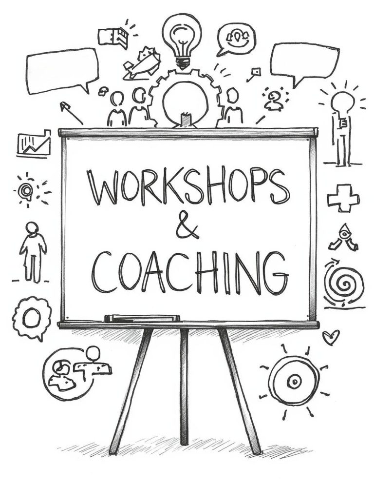 Workshops und Coaching Tafel mit der Aufschrift "WORKSHOPS & COACHING", umgeben von verschiedenen Symbolen.
