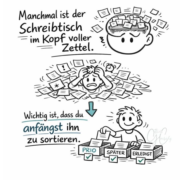 Ein kreatives Zitat über das Sortieren von Gedanken und Ideen.