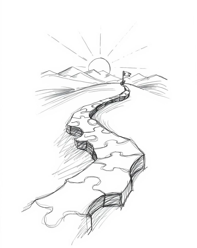 Der Coaching-Weg zum Ziel in 5 Schritten Eine gewundene Straße aus Puzzlestücken führt zu einem Sonnenaufgang über den Bergen.