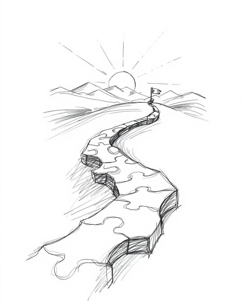 Ein gewundener Weg aus Puzzlestücken führt in die Ferne, mit Bergen und Sonne im Hintergrund.