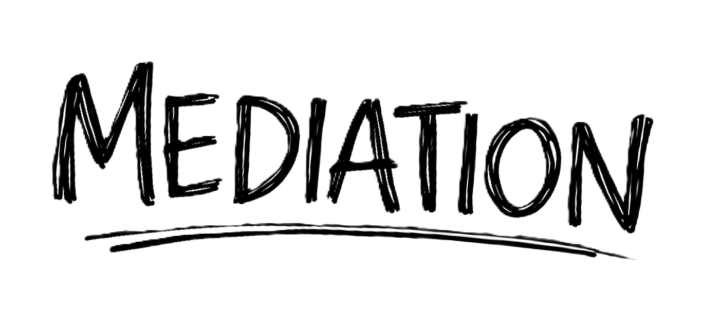 Mediation Wort "MEDIATION" in großer, handgeschriebener Schrift auf weißem Hintergrund.