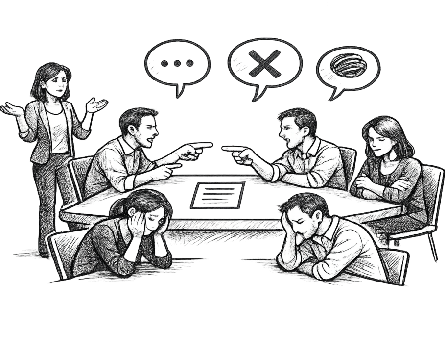 Beispielbild Konflikte Sechs strichmännchenartige Figuren diskutieren negativ an einem Tisch, zeigen Frustration und Traurigkeit.