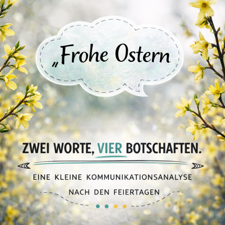 Gelbe Blumen vor einem grauen Hintergrund mit Text über Kommunikation nach Ostern.